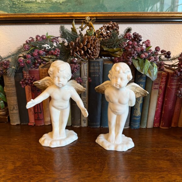 2 Vintage Angel Babies standing on clouds with Gold Tip Wings - Picture 5 of 14